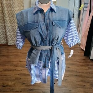 Blue Denim Vest with Striped Shirt